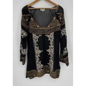Anthropologie Silk Tunic Top Women's Medium‎ Black Sheer Embroidered Bohemian